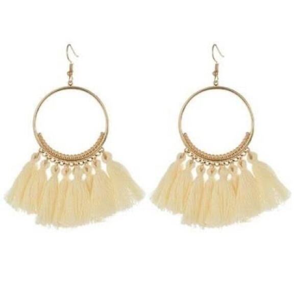 Francesca's Collections Jewelry - Francesca's Boho Cream Gold Hoop Tassel Earrings